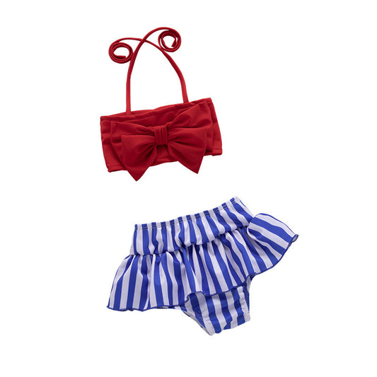 Split Bow Swimsuit   Striped Swim Trunks