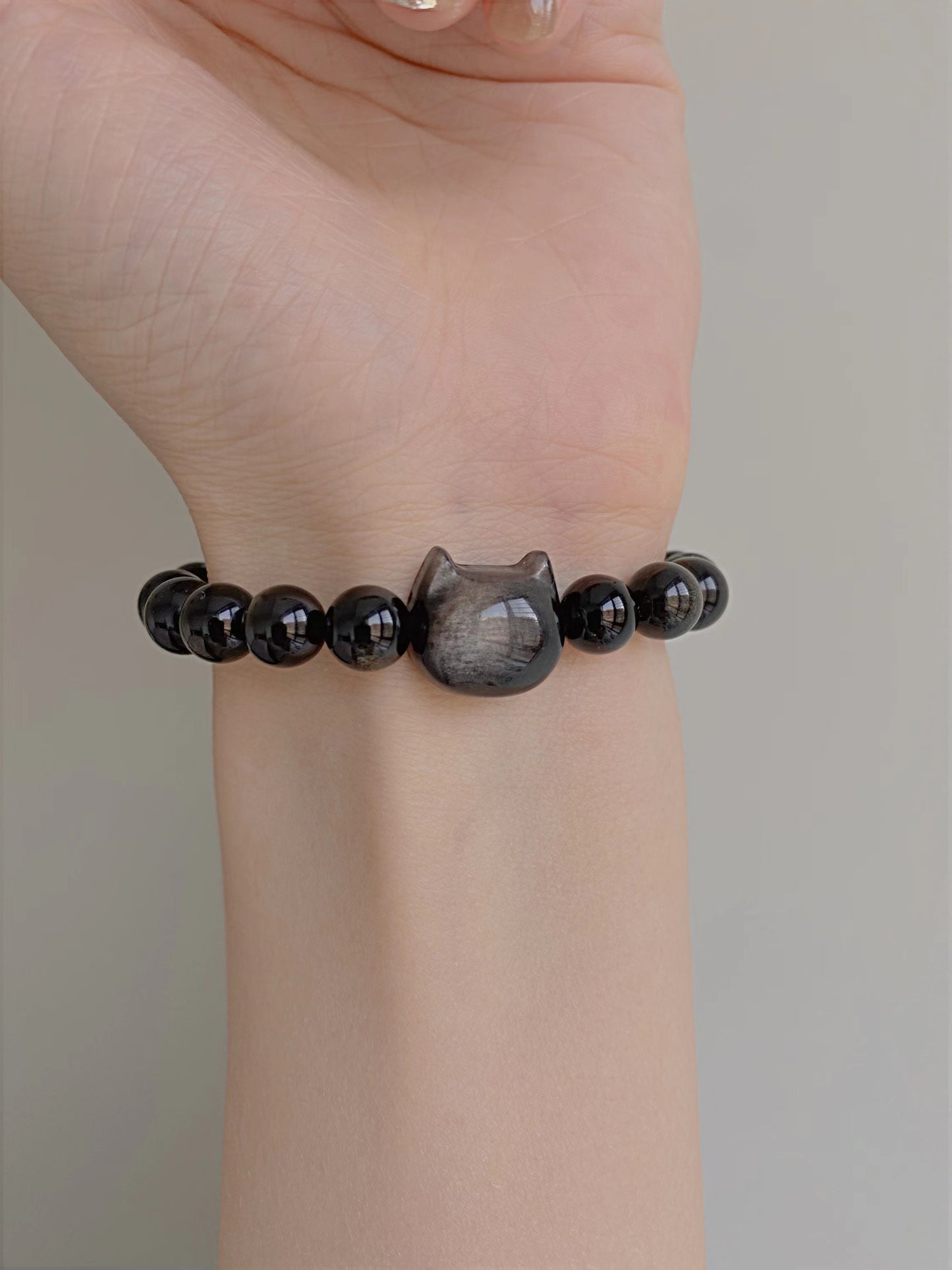 Cat Face with Cute Ears Obsidian Bracelet