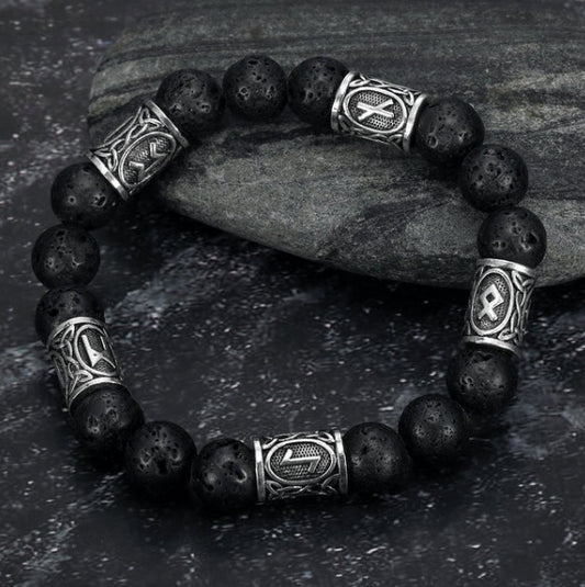 Asgard Crafted Silver 5 or 10 Rune and Black Lava Stone Bracelet