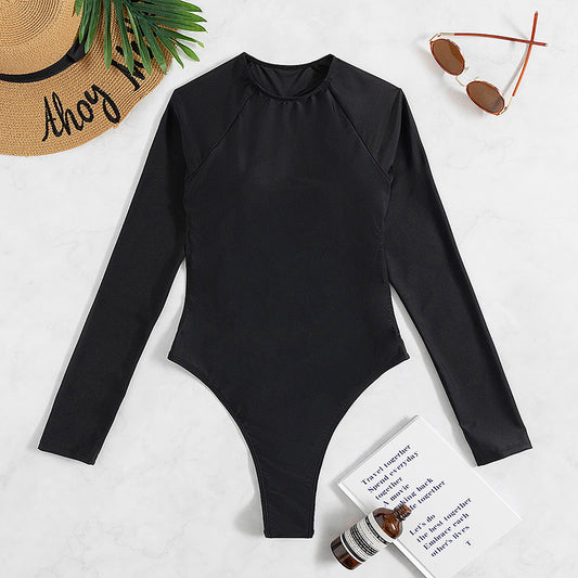 Long Sleeve Backless T-back Light Diamond One-piece Swimsuit