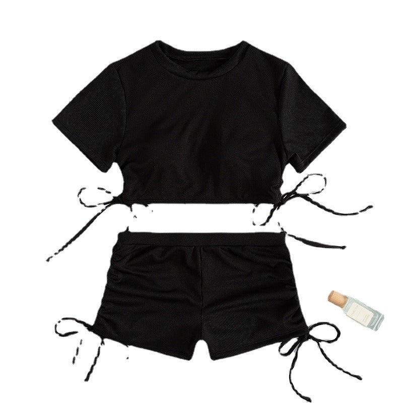 Conservative Short Sleeve Lace-up Split Swimsuit For Women