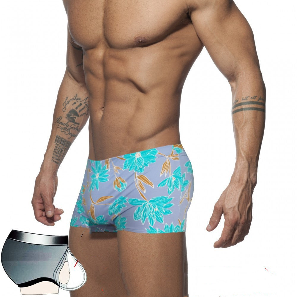 Men's Boxer Nylon Low Waist Print Swim Shorts Cup