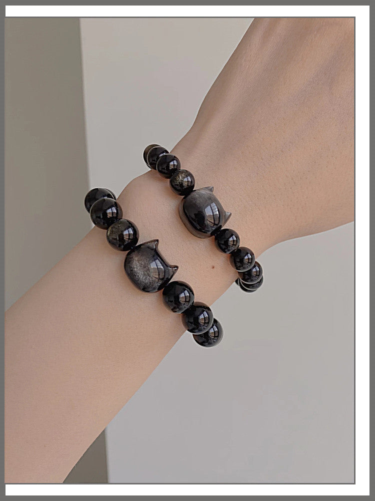 Cat Face with Cute Ears Obsidian Bracelet